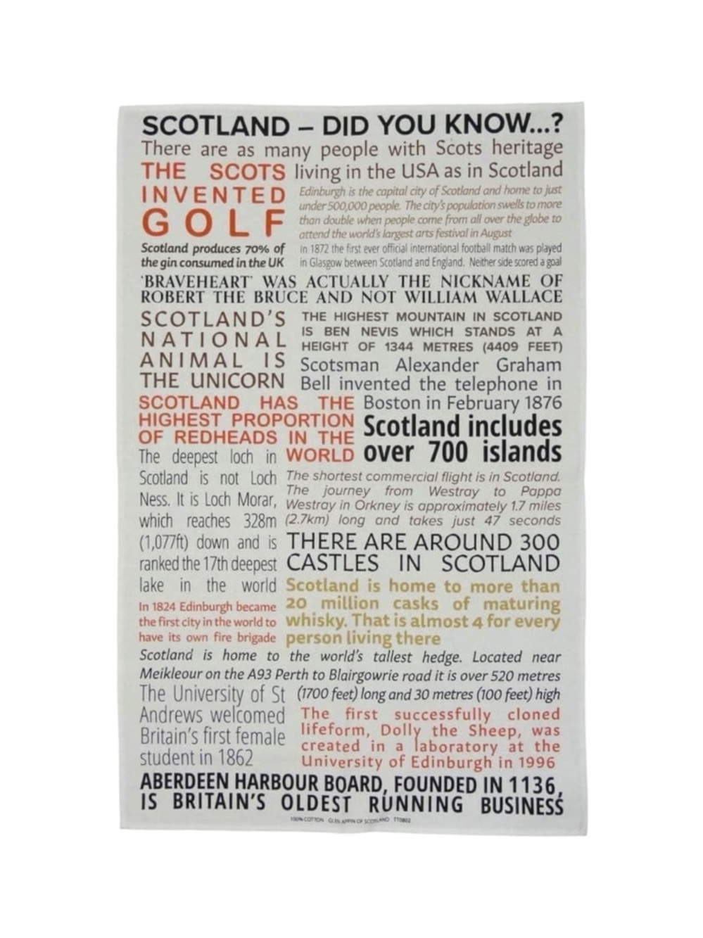 Scotland Facts Graphic Tea Towel - White with Navy & Orange Text